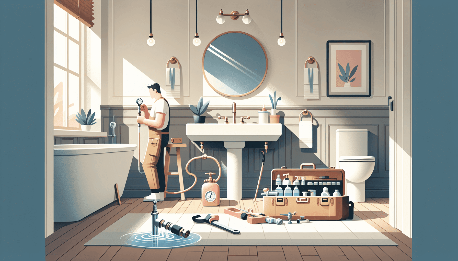 Ilustración de un plomero revisando la presión de agua en un baño moderno