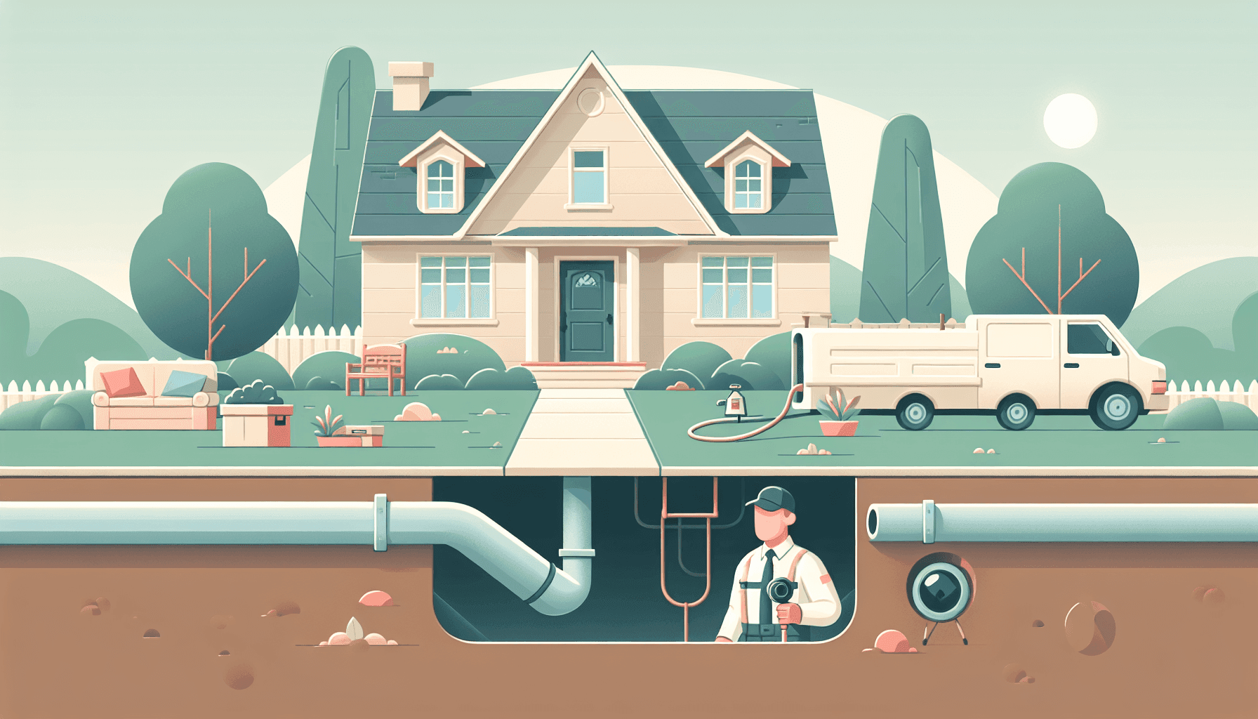 Illustration of sewer line inspection in a residential yard