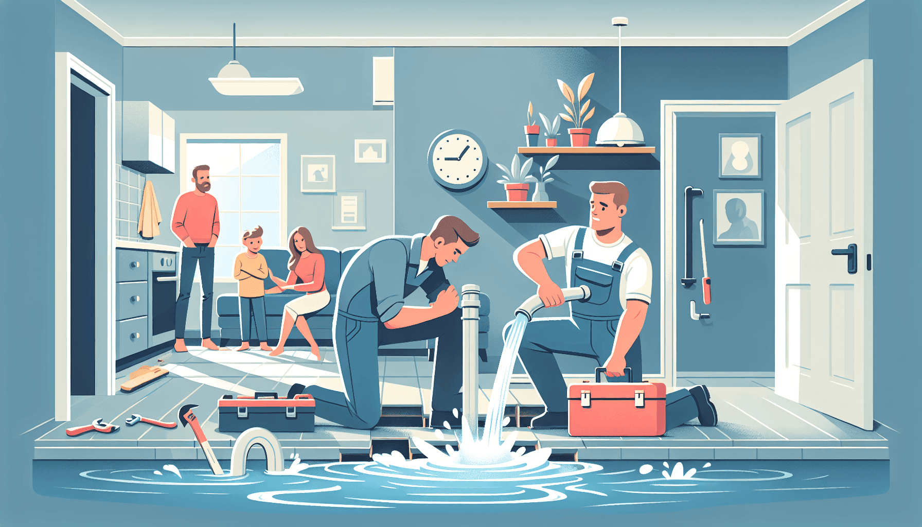 Illustration of a plumber responding to a home emergency leak